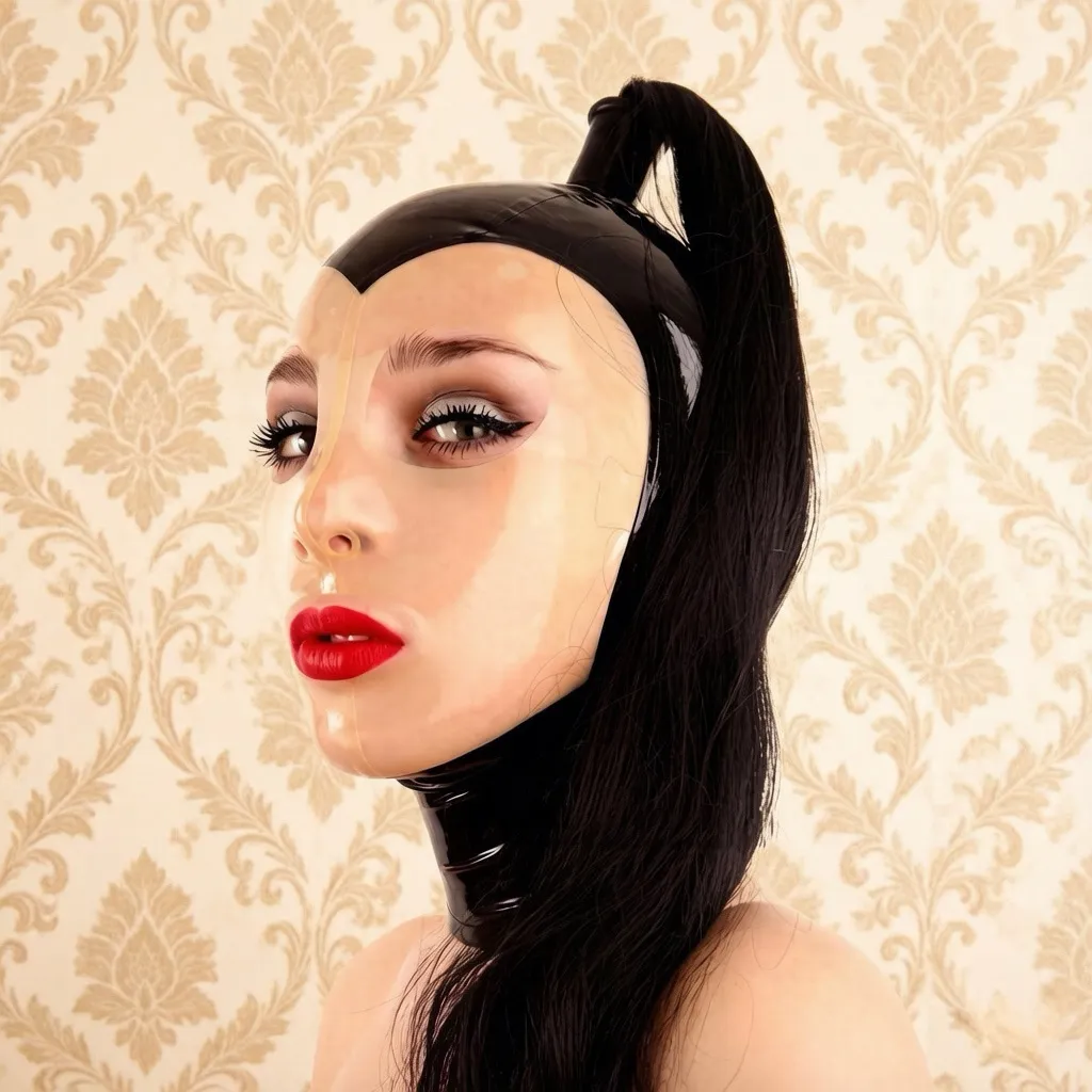 Latex Hood / Mask with Wig Ponytail — Seraphine — handmade latex, made to measure
