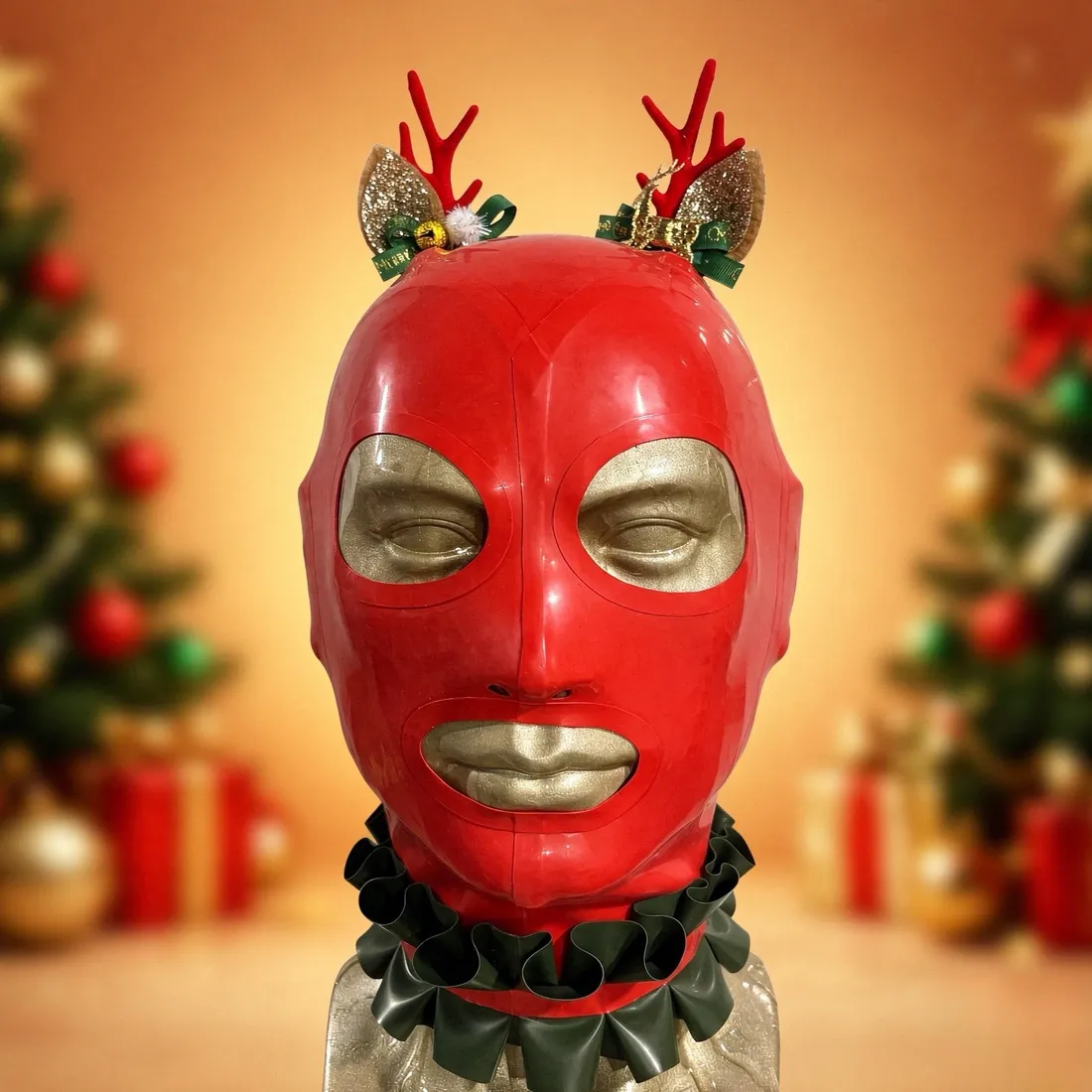 Christmas Special Latex Bow Hood / Mask with Reindeer Hair Clip view 2