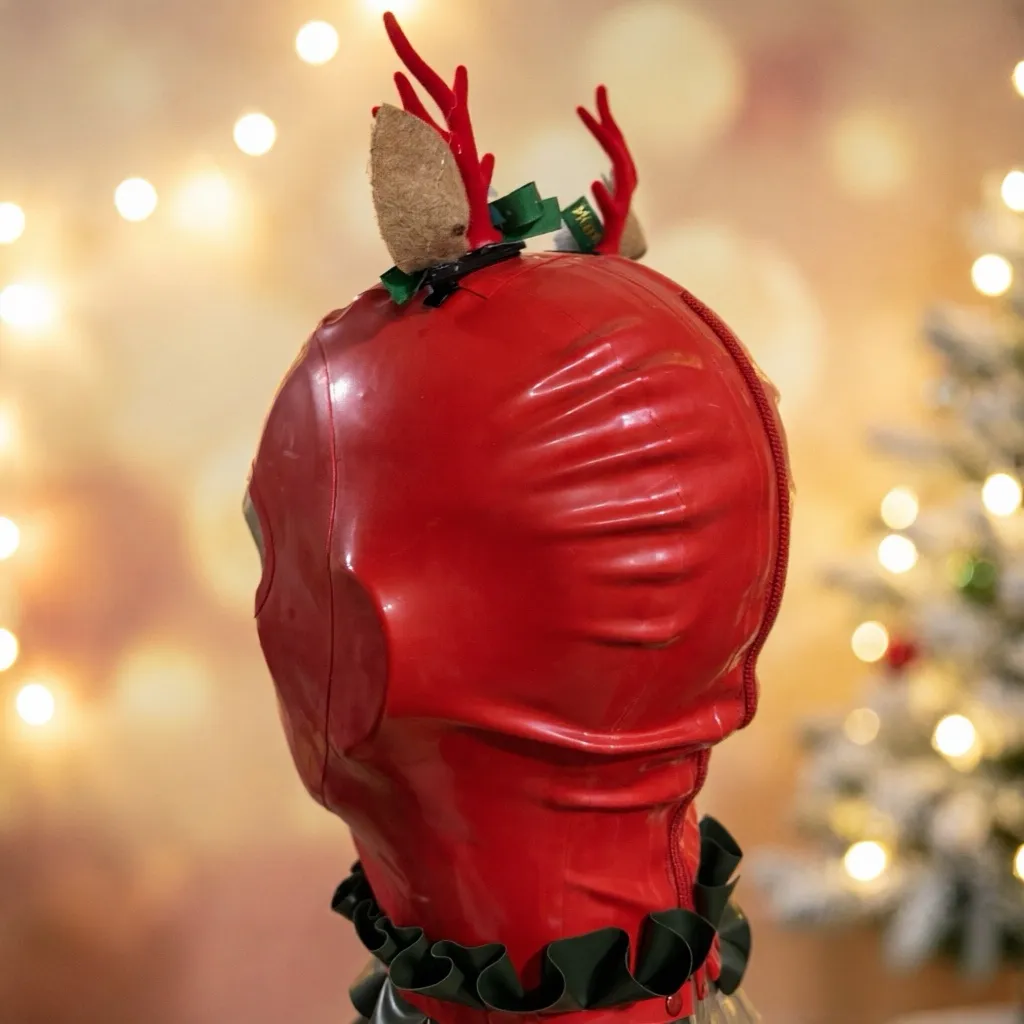 Christmas Special Latex Bow Hood / Mask with Reindeer Hair Clip view 3