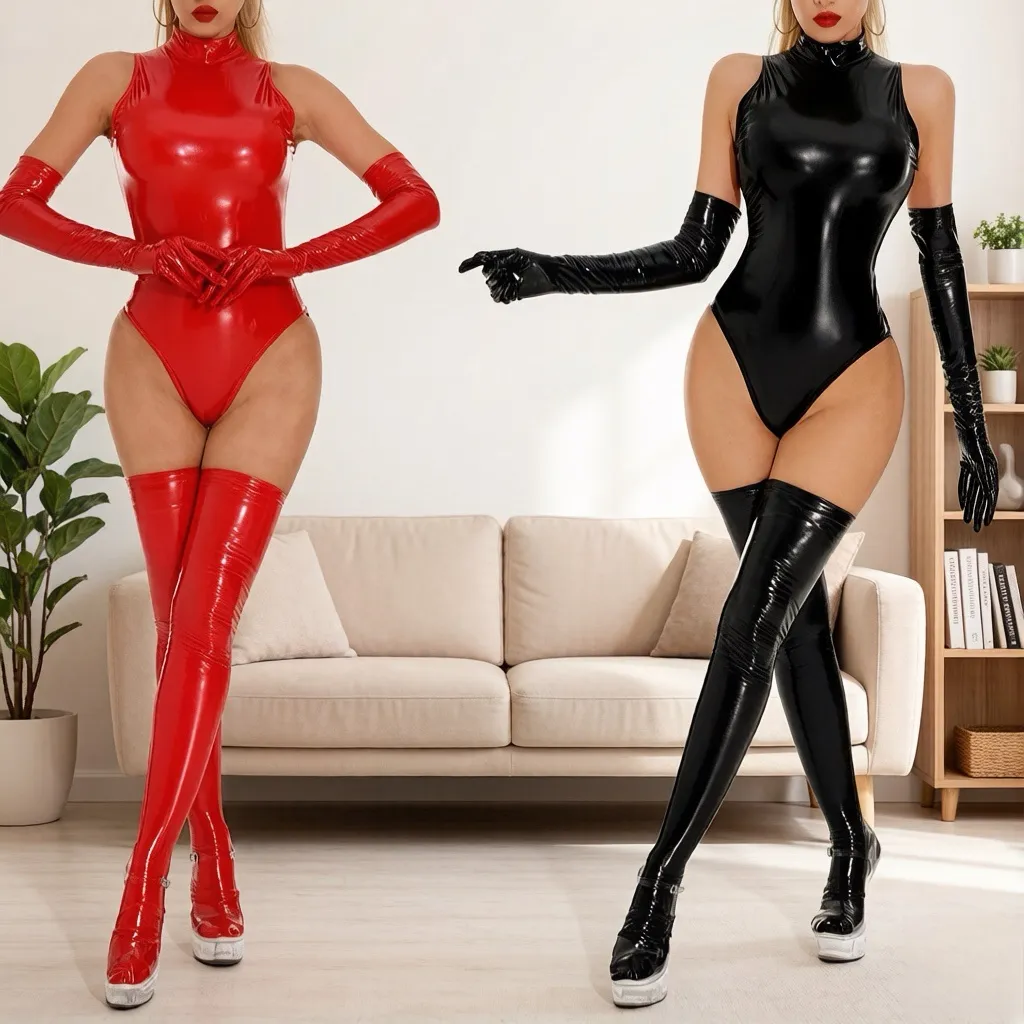 Women's Latex Catsuit / Bodysuit / Swimsuit Glove & Stockings Set view 2