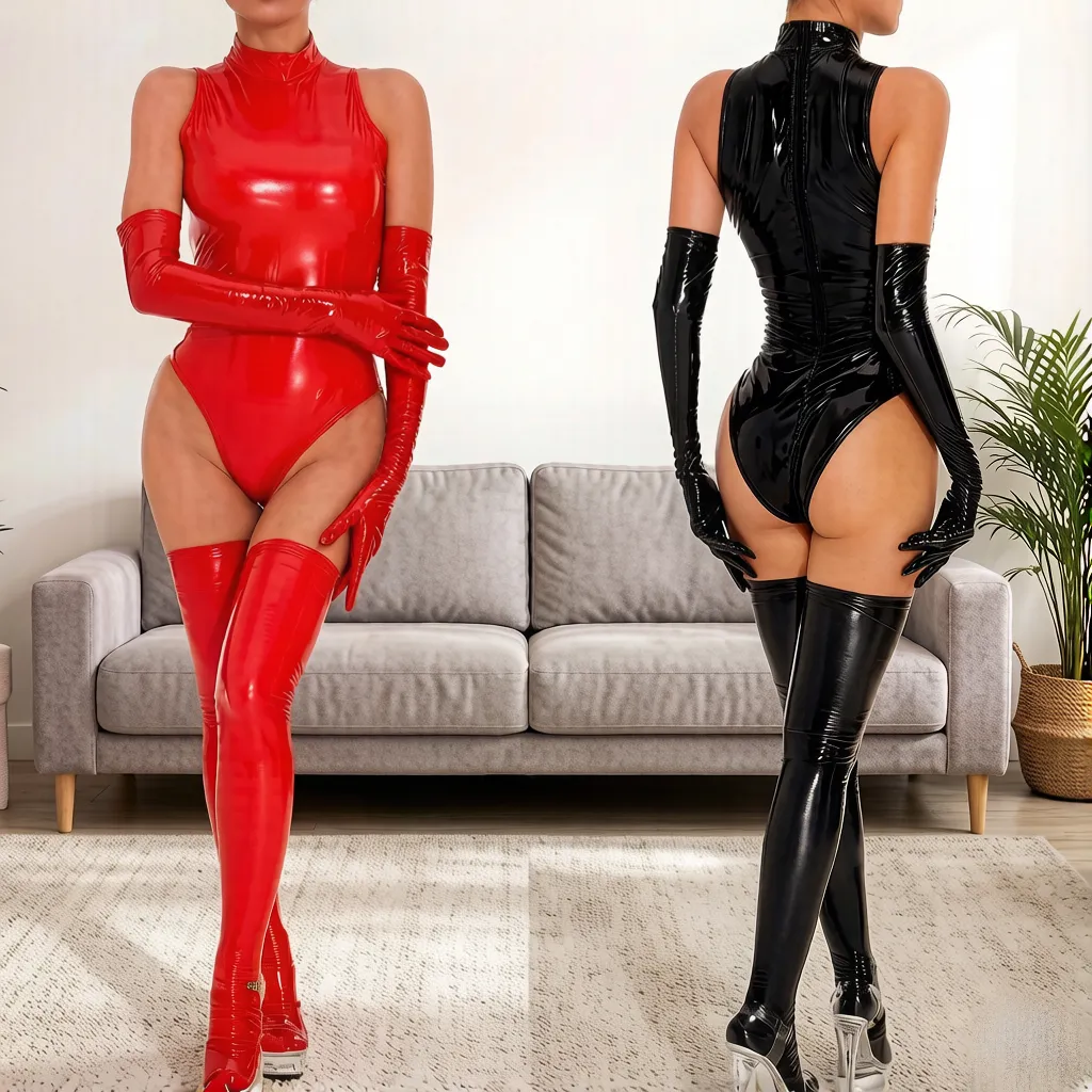 Women's Latex Catsuit / Bodysuit / Swimsuit Glove & Stockings Set view 4
