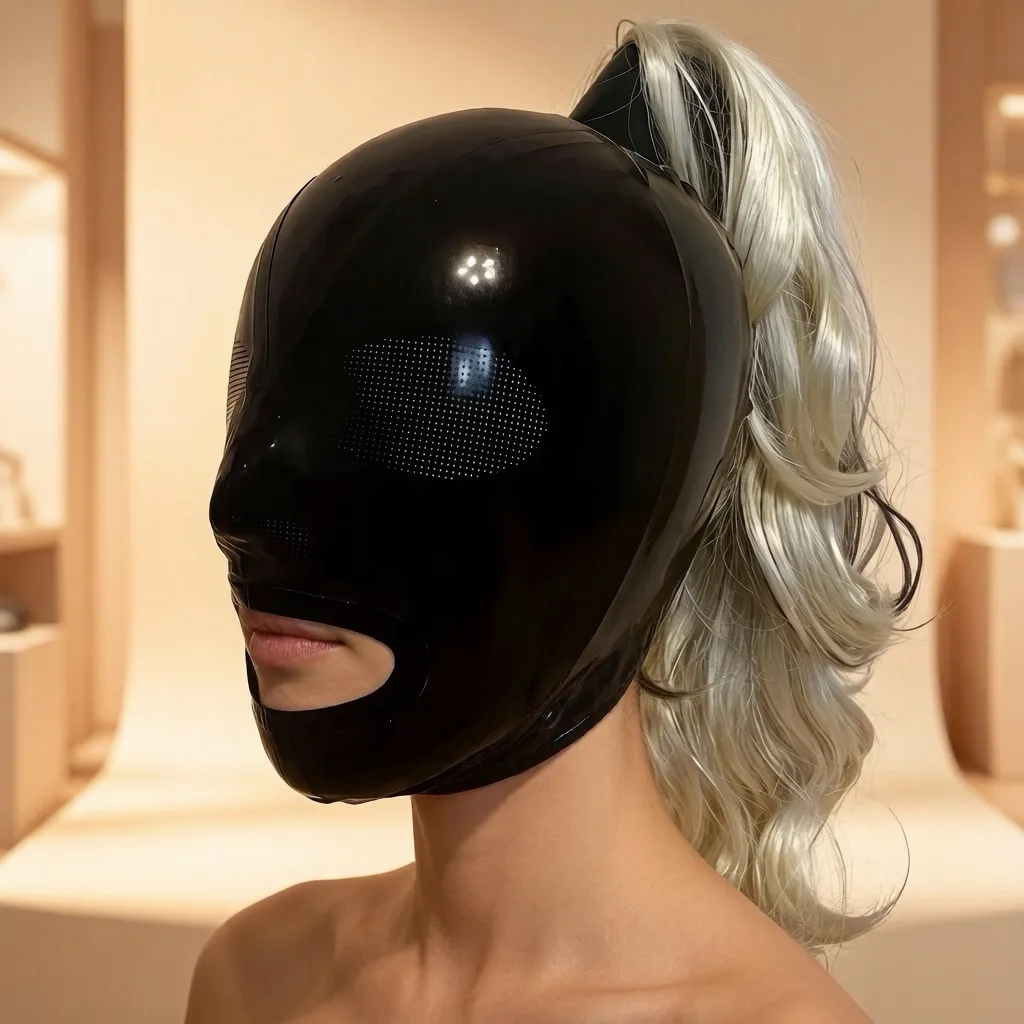 Latex Hood / Mask with Wig Ponytail — Orinthia — handmade latex, made to measure